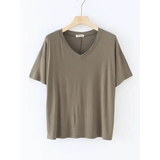 Solid Color Split-Joint Loose Short Sleeves V-neck T-Shirts Tops Solid Color Split-Joint Loose Short Sleeves V-neck T-Shirts Tops