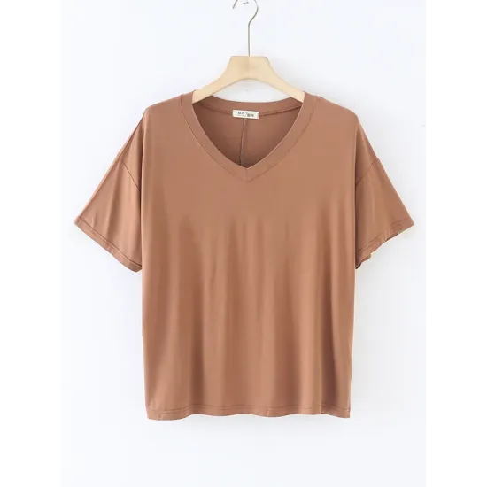 Solid Color Split-Joint Loose Short Sleeves V-neck T-Shirts Tops Solid Color Split-Joint Loose Short Sleeves V-neck T-Shirts Tops