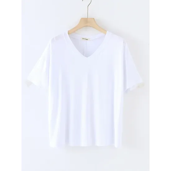 Solid Color Split-Joint Loose Short Sleeves V-neck T-Shirts Tops Solid Color Split-Joint Loose Short Sleeves V-neck T-Shirts Tops