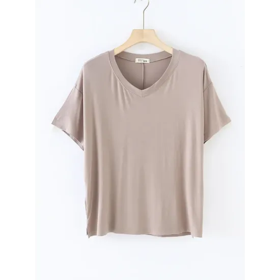 Solid Color Split-Joint Loose Short Sleeves V-neck T-Shirts Tops Solid Color Split-Joint Loose Short Sleeves V-neck T-Shirts Tops