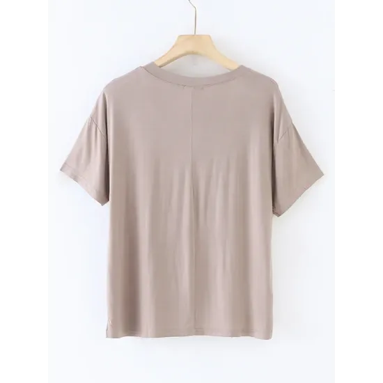 Solid Color Split-Joint Loose Short Sleeves V-neck T-Shirts Tops Solid Color Split-Joint Loose Short Sleeves V-neck T-Shirts Tops
