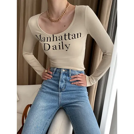 Letter Print Long Sleeves Skinny U-Neck T-Shirts