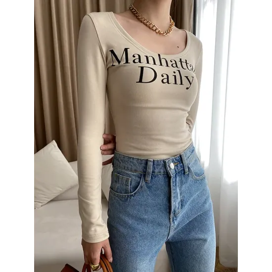 Letter Print Long Sleeves Skinny U-Neck T-Shirts