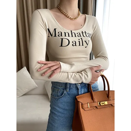 Letter Print Long Sleeves Skinny U-Neck T-Shirts