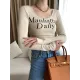 Letter Print Long Sleeves Skinny U-Neck T-Shirts