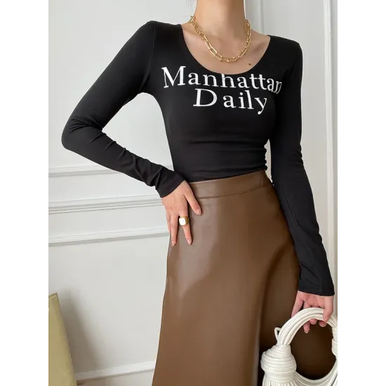 Letter Print Long Sleeves Skinny U-Neck T-Shirts