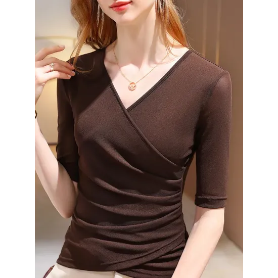 Asymmetric Pleated Solid Color Split-Joint Half Sleeves Plus Size V-Neck T-Shirts Tops Asymmetric Pleated Solid Color Split-Joint Half Sleeves Plus Size V-Neck T-Shirts Tops
