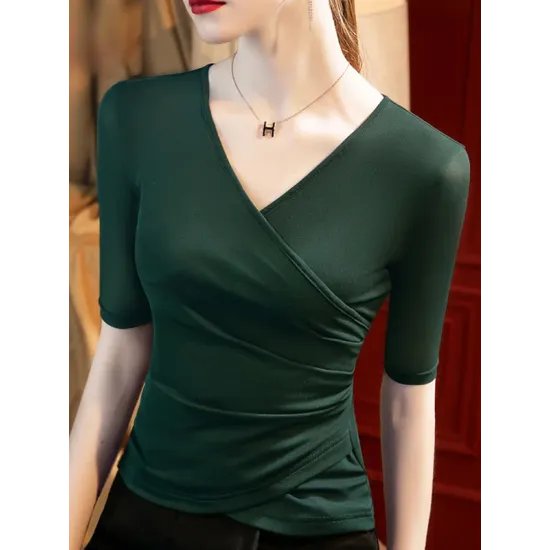 Asymmetric Pleated Solid Color Split-Joint Half Sleeves Plus Size V-Neck T-Shirts Tops Asymmetric Pleated Solid Color Split-Joint Half Sleeves Plus Size V-Neck T-Shirts Tops