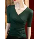 Asymmetric Pleated Solid Color Split-Joint Half Sleeves Plus Size V-Neck T-Shirts Tops Asymmetric Pleated Solid Color Split-Joint Half Sleeves Plus Size V-Neck T-Shirts Tops