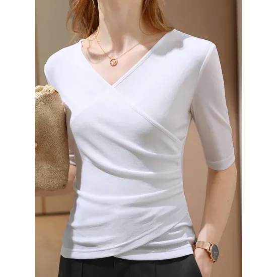 Asymmetric Pleated Solid Color Split-Joint Half Sleeves Plus Size V-Neck T-Shirts Tops Asymmetric Pleated Solid Color Split-Joint Half Sleeves Plus Size V-Neck T-Shirts Tops