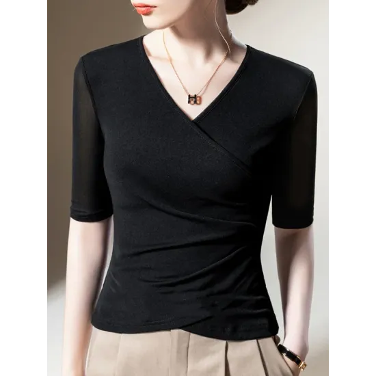 Asymmetric Pleated Solid Color Split-Joint Half Sleeves Plus Size V-Neck T-Shirts Tops Asymmetric Pleated Solid Color Split-Joint Half Sleeves Plus Size V-Neck T-Shirts Tops