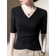 Asymmetric Pleated Solid Color Split-Joint Half Sleeves Plus Size V-Neck T-Shirts Tops Asymmetric Pleated Solid Color Split-Joint Half Sleeves Plus Size V-Neck T-Shirts Tops