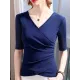 Asymmetric Pleated Solid Color Split-Joint Half Sleeves Plus Size V-Neck T-Shirts Tops Asymmetric Pleated Solid Color Split-Joint Half Sleeves Plus Size V-Neck T-Shirts Tops