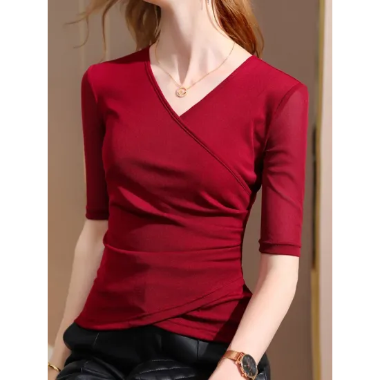 Asymmetric Pleated Solid Color Split-Joint Half Sleeves Plus Size V-Neck T-Shirts Tops Asymmetric Pleated Solid Color Split-Joint Half Sleeves Plus Size V-Neck T-Shirts Tops