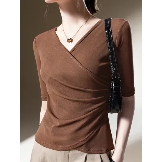 Asymmetric Pleated Solid Color Split-Joint Half Sleeves Plus Size V-Neck T-Shirts Tops Asymmetric Pleated Solid Color Split-Joint Half Sleeves Plus Size V-Neck T-Shirts Tops