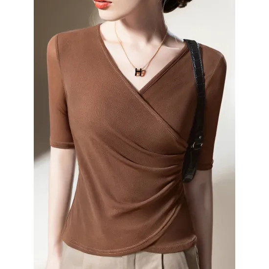 Asymmetric Pleated Solid Color Split-Joint Half Sleeves Plus Size V-Neck T-Shirts Tops Asymmetric Pleated Solid Color Split-Joint Half Sleeves Plus Size V-Neck T-Shirts Tops