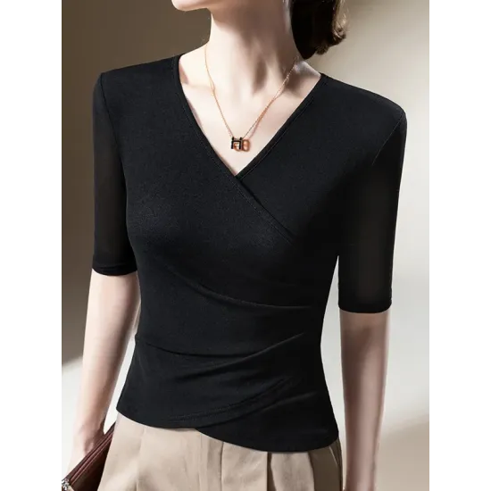 Asymmetric Pleated Solid Color Split-Joint Half Sleeves Plus Size V-Neck T-Shirts Tops Asymmetric Pleated Solid Color Split-Joint Half Sleeves Plus Size V-Neck T-Shirts Tops