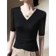 Asymmetric Pleated Solid Color Split-Joint Half Sleeves Plus Size V-Neck T-Shirts Tops Asymmetric Pleated Solid Color Split-Joint Half Sleeves Plus Size V-Neck T-Shirts Tops