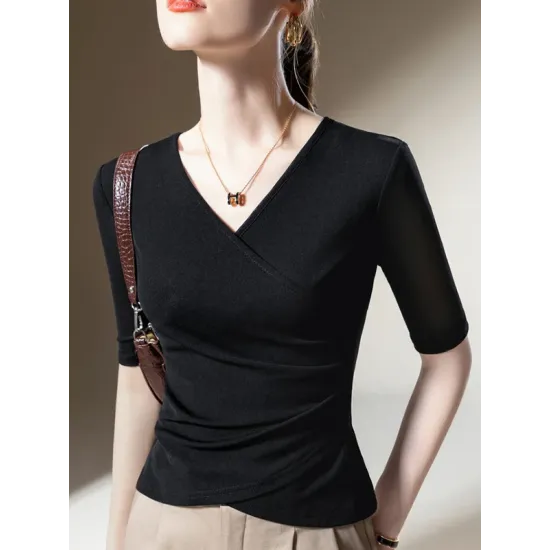 Asymmetric Pleated Solid Color Split-Joint Half Sleeves Plus Size V-Neck T-Shirts Tops Asymmetric Pleated Solid Color Split-Joint Half Sleeves Plus Size V-Neck T-Shirts Tops