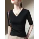 Asymmetric Pleated Solid Color Split-Joint Half Sleeves Plus Size V-Neck T-Shirts Tops Asymmetric Pleated Solid Color Split-Joint Half Sleeves Plus Size V-Neck T-Shirts Tops