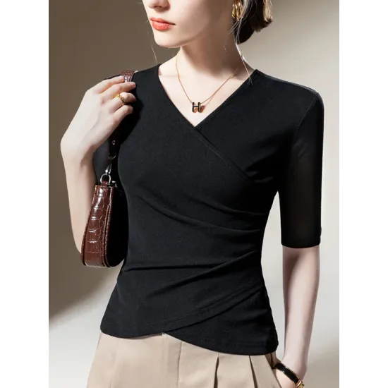 Asymmetric Pleated Solid Color Split-Joint Half Sleeves Plus Size V-Neck T-Shirts Tops Asymmetric Pleated Solid Color Split-Joint Half Sleeves Plus Size V-Neck T-Shirts Tops