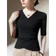 Asymmetric Pleated Solid Color Split-Joint Half Sleeves Plus Size V-Neck T-Shirts Tops Asymmetric Pleated Solid Color Split-Joint Half Sleeves Plus Size V-Neck T-Shirts Tops