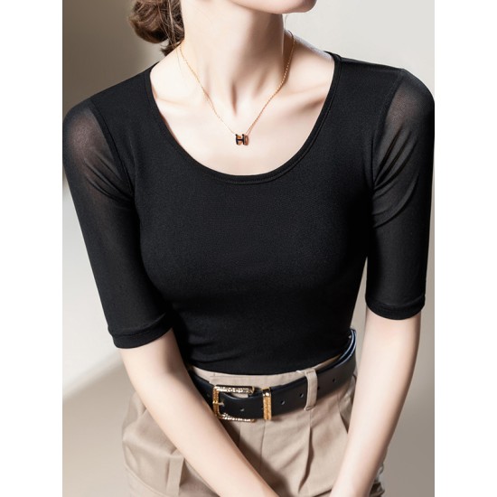 Gauze Solid Color Half Sleeves Plus Size Round-Neck T-Shirts Tops Gauze Solid Color Half Sleeves Plus Size Round-Neck T-Shirts Tops