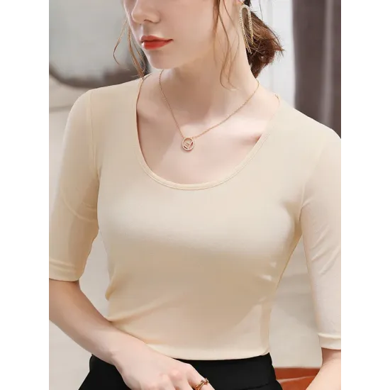 Gauze Solid Color Half Sleeves Plus Size Round-Neck T-Shirts Tops Gauze Solid Color Half Sleeves Plus Size Round-Neck T-Shirts Tops