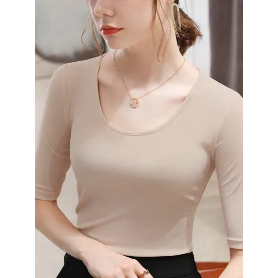 Gauze Solid Color Half Sleeves Plus Size Round-Neck T-Shirts Tops Gauze Solid Color Half Sleeves Plus Size Round-Neck T-Shirts Tops