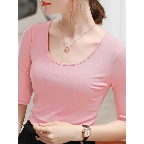 Gauze Solid Color Half Sleeves Plus Size Round-Neck T-Shirts Tops Gauze Solid Color Half Sleeves Plus Size Round-Neck T-Shirts Tops