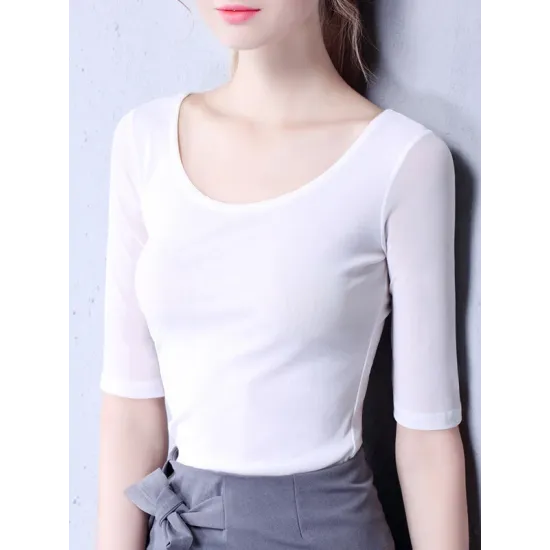 Gauze Solid Color Half Sleeves Plus Size Round-Neck T-Shirts Tops Gauze Solid Color Half Sleeves Plus Size Round-Neck T-Shirts Tops