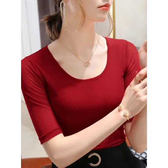 Gauze Solid Color Half Sleeves Plus Size Round-Neck T-Shirts Tops Gauze Solid Color Half Sleeves Plus Size Round-Neck T-Shirts Tops