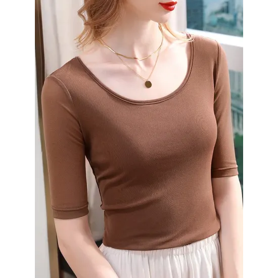 Gauze Solid Color Half Sleeves Plus Size Round-Neck T-Shirts Tops Gauze Solid Color Half Sleeves Plus Size Round-Neck T-Shirts Tops
