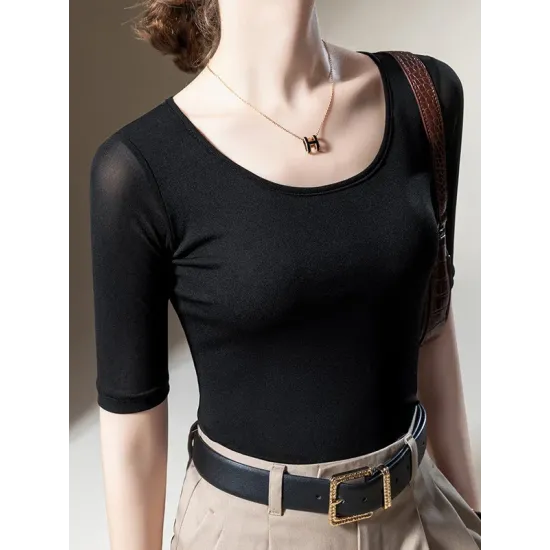 Gauze Solid Color Half Sleeves Plus Size Round-Neck T-Shirts Tops Gauze Solid Color Half Sleeves Plus Size Round-Neck T-Shirts Tops