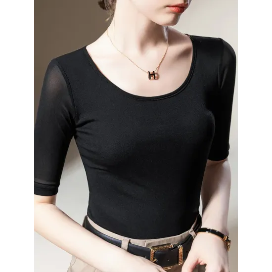 Gauze Solid Color Half Sleeves Plus Size Round-Neck T-Shirts Tops Gauze Solid Color Half Sleeves Plus Size Round-Neck T-Shirts Tops