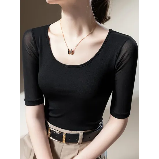 Gauze Solid Color Half Sleeves Plus Size Round-Neck T-Shirts Tops Gauze Solid Color Half Sleeves Plus Size Round-Neck T-Shirts Tops