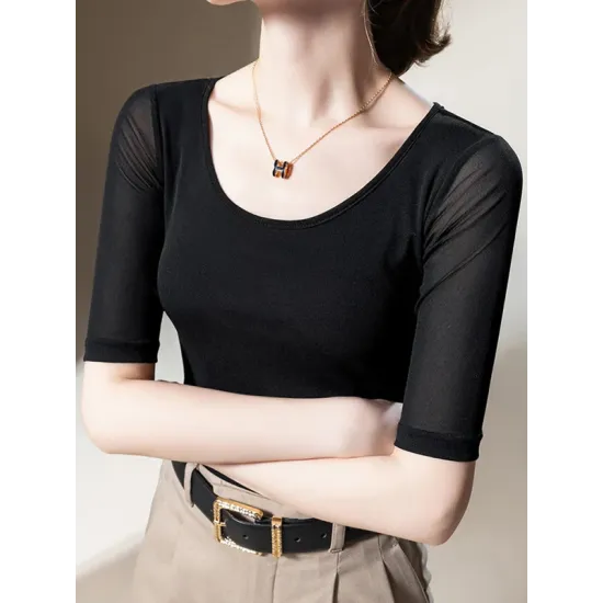 Gauze Solid Color Half Sleeves Plus Size Round-Neck T-Shirts Tops Gauze Solid Color Half Sleeves Plus Size Round-Neck T-Shirts Tops