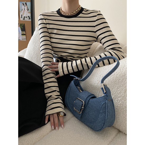 Contrast Color Striped Long Sleeves Skinny Round-Neck T-Shirts Tops Contrast Color Striped Long Sleeves Skinny Round-Neck T-Shirts Tops