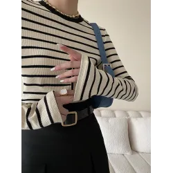 Contrast Color Striped Long Sleeves Skinny Round-Neck T-Shirts Tops