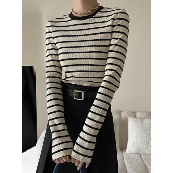 Contrast Color Striped Long Sleeves Skinny Round-Neck T-Shirts Tops Contrast Color Striped Long Sleeves Skinny Round-Neck T-Shirts Tops