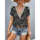 Printed Petal Sleeves Short Sleeves V-Neck T-Shirts Tops Printed Petal Sleeves Short Sleeves V-Neck T-Shirts Tops