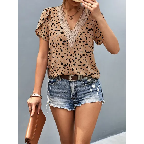 Printed Petal Sleeves Short Sleeves V-Neck T-Shirts Tops Printed Petal Sleeves Short Sleeves V-Neck T-Shirts Tops