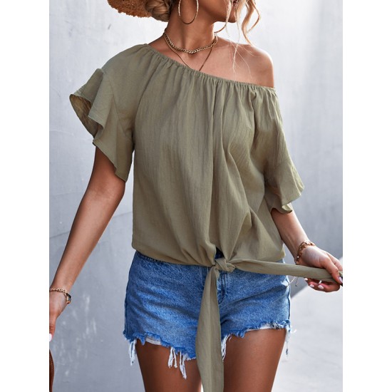 Elasticity Falbala Pleated Solid Color Tied Loose Short Sleeves Round-Neck T-Shirts Tops Elasticity Falbala Pleated Solid Color Tied Loose Short Sleeves Round-Neck T-Shirts Tops