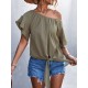 Elasticity Falbala Pleated Solid Color Tied Loose Short Sleeves Round-Neck T-Shirts Tops Elasticity Falbala Pleated Solid Color Tied Loose Short Sleeves Round-Neck T-Shirts Tops