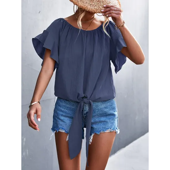 Elasticity Falbala Pleated Solid Color Tied Loose Short Sleeves Round-Neck T-Shirts Tops Elasticity Falbala Pleated Solid Color Tied Loose Short Sleeves Round-Neck T-Shirts Tops