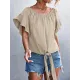Elasticity Falbala Pleated Solid Color Tied Loose Short Sleeves Round-Neck T-Shirts Tops Elasticity Falbala Pleated Solid Color Tied Loose Short Sleeves Round-Neck T-Shirts Tops