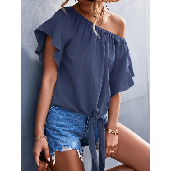 Elasticity Falbala Pleated Solid Color Tied Loose Short Sleeves Round-Neck T-Shirts Tops Elasticity Falbala Pleated Solid Color Tied Loose Short Sleeves Round-Neck T-Shirts Tops