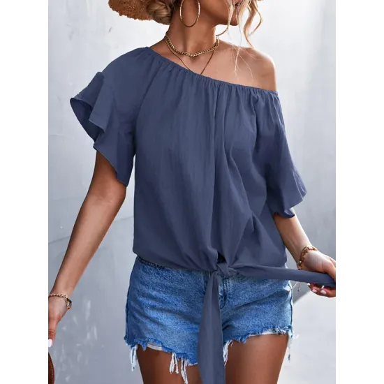 Elasticity Falbala Pleated Solid Color Tied Loose Short Sleeves Round-Neck T-Shirts Tops Elasticity Falbala Pleated Solid Color Tied Loose Short Sleeves Round-Neck T-Shirts Tops