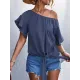 Elasticity Falbala Pleated Solid Color Tied Loose Short Sleeves Round-Neck T-Shirts Tops Elasticity Falbala Pleated Solid Color Tied Loose Short Sleeves Round-Neck T-Shirts Tops