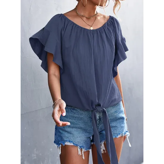 Elasticity Falbala Pleated Solid Color Tied Loose Short Sleeves Round-Neck T-Shirts Tops Elasticity Falbala Pleated Solid Color Tied Loose Short Sleeves Round-Neck T-Shirts Tops